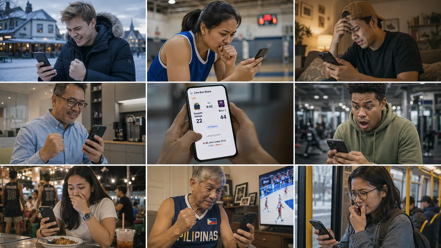 Fans following Courtside by AI live box scores on their phones — cheering, gasping and celebrating from cafés, gyms, transit and courtside